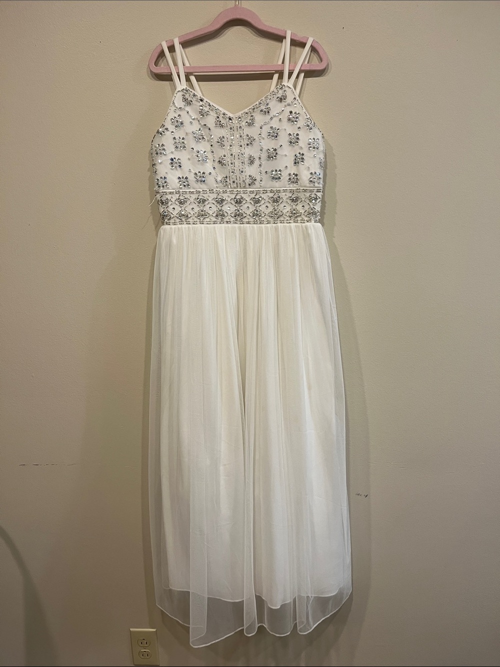Xtraordinary White Beaded Tulle Dress for Girls